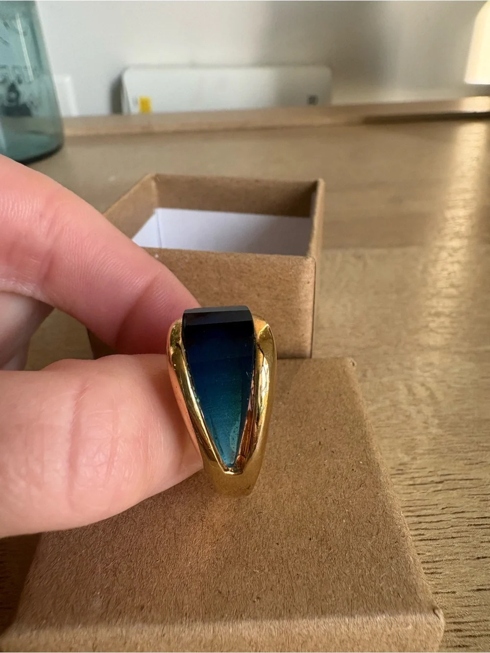 Gold-Tone Ring with Deep Blue Faceted Stone - Women Jewelry